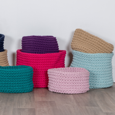 colourful knitted baskets