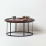 Industrial Round Coffee Table with Dark Wood Top and Steel Frame