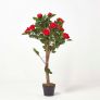 Red Potted Rose Tree Artificial Plant with lifelike green leaves and single trunk, 90 cm