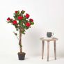 Red Potted Rose Tree Artificial Plant with lifelike green leaves and single trunk, 90 cm