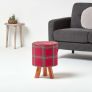 Red Tartan Fabric Footstool with Wooden Legs