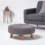 Sea Grey Large Round Cotton Knitted Footstool on Legs