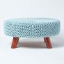 Pastel Blue Large Round Cotton Knitted Footstool on Legs