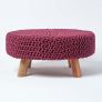 Plum Large Round Cotton Knitted Footstool on Legs
