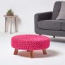 Hot Pink Large Round Cotton Knitted Footstool on Legs