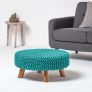 Teal Green Large Round Cotton Knitted Footstool on Legs