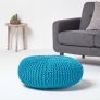 Teal Blue Large Round Cotton Knitted Pouffe Footstool