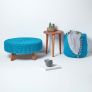Teal Blue Large Round Cotton Knitted Footstool on Legs