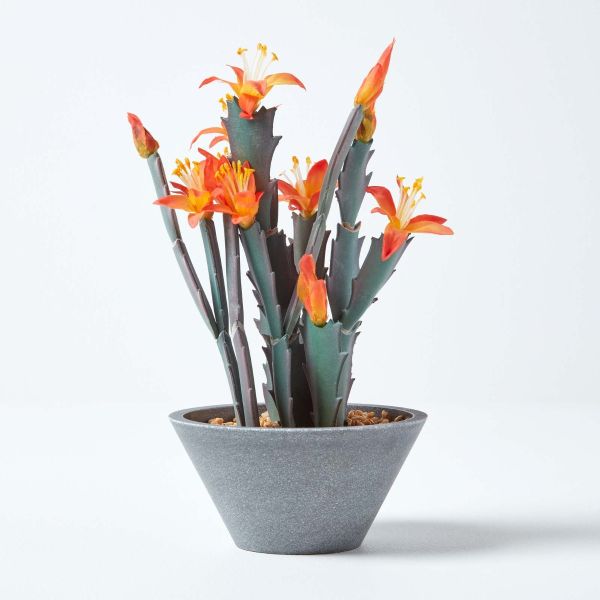 Peruvian Artificial Cactus with Orange Flowers in Grey Pot, 28 cm Tall