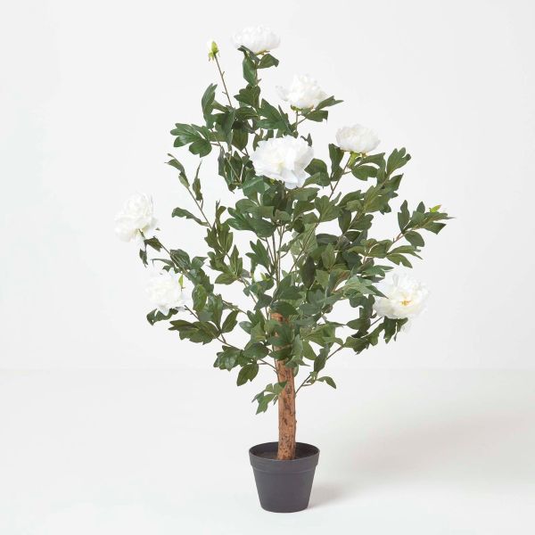 Cream Artificial Peony Tree in Black Pot, 100 cm Tall