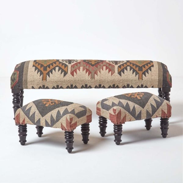 Kilim Upholstered Solid Wood Nest of 3 Benches