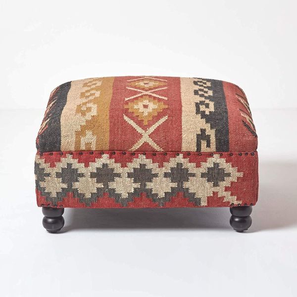 Kilim Upholstered Multi Coloured Solid Wood Pouffe