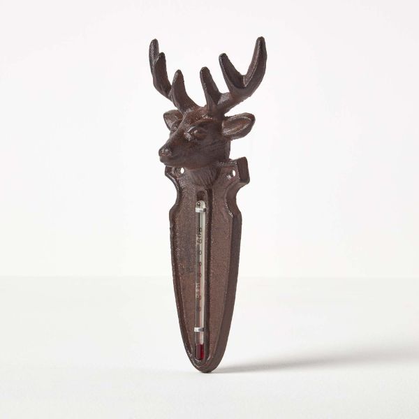 Brown Wall Mounted Cast Iron Stag Garden Thermometer