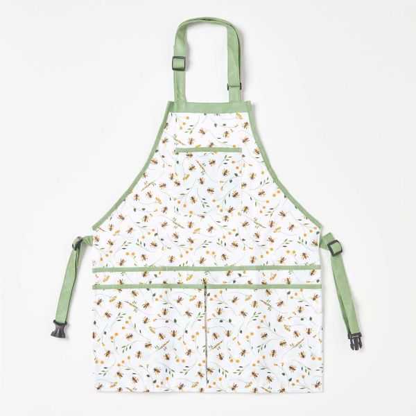 Green and White Gardening Apron with Floral Bee Design