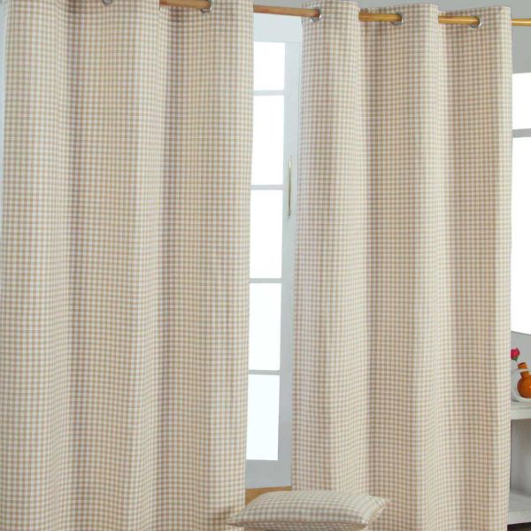 Cotton Gingham Check Beige Ready Made Eyelet Curtains