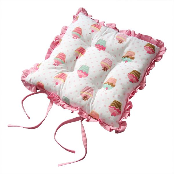 Reversible Pink Frilled Cushion Seat Pad with Ties Cup Cakes