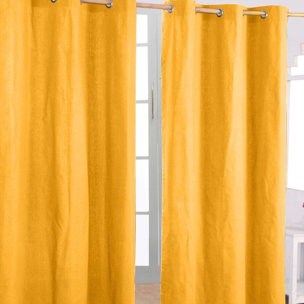 Cotton Plain Mustard Yellow Ready Made Eyelet Curtain Pair