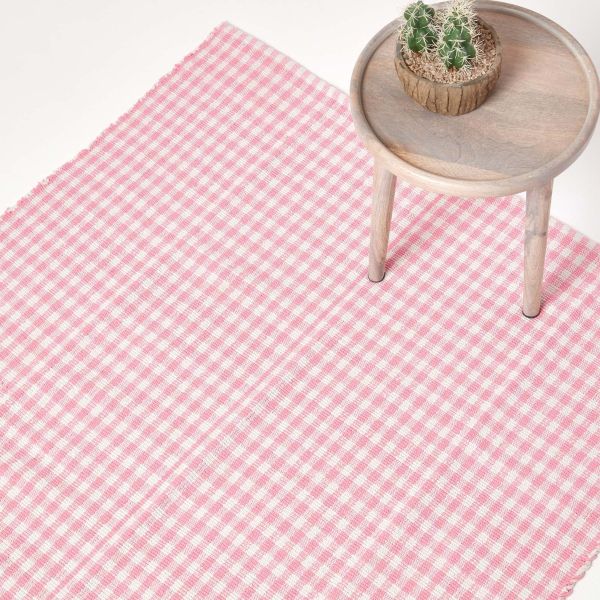 Cotton Gingham Check Rug Hand Woven Pink White, 60 x 90 cm