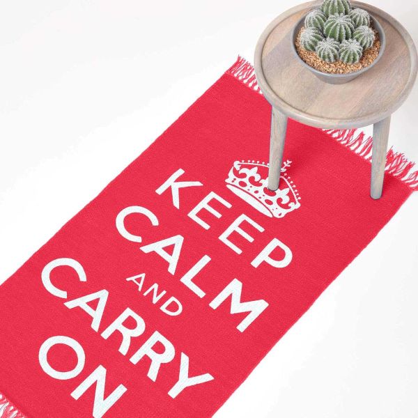 Keep Calm And Carry On White Red Rug Hand Woven Base, 60 x 100 cm 