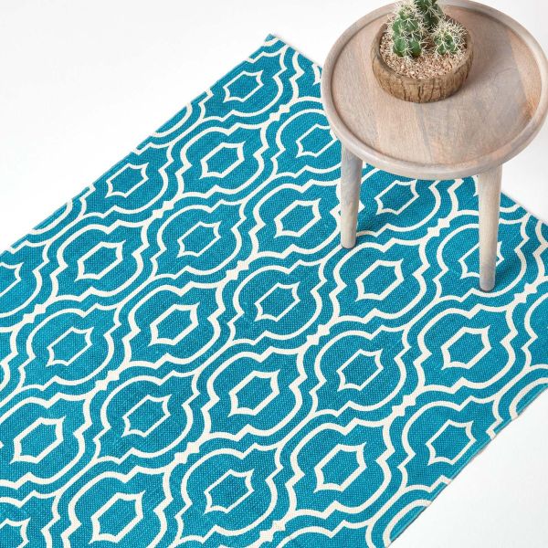 Riga Teal and White 100% Cotton Printed Patterned Rug
