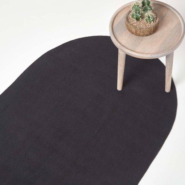 Black Handmade Woven Braided Oval Rug
