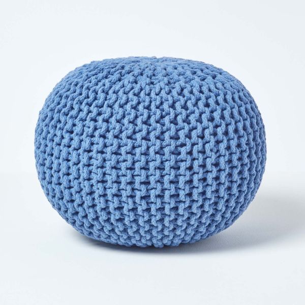 Blue Round Cotton Knitted Pouffe Footstool