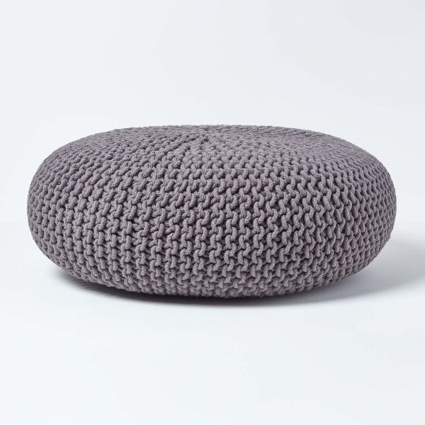 Dark Grey Large Round Cotton Knitted Pouffe Footstool