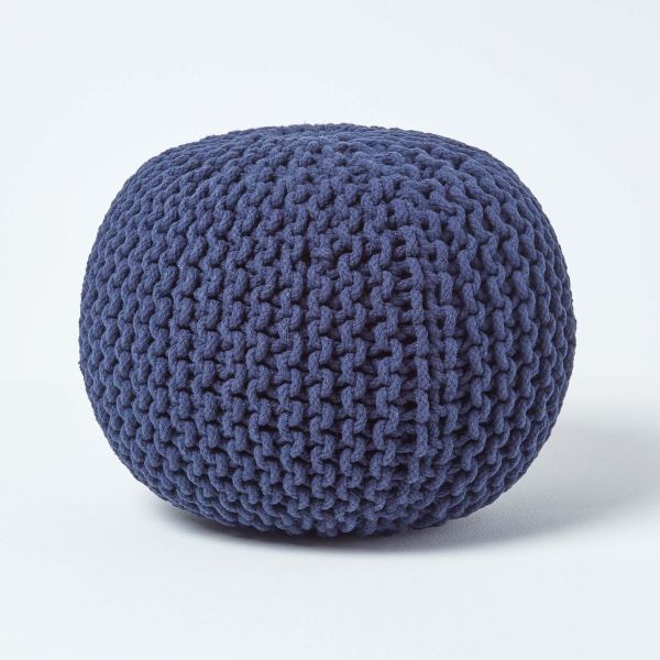 Navy Blue Round Cotton Knitted Pouffe Footstool