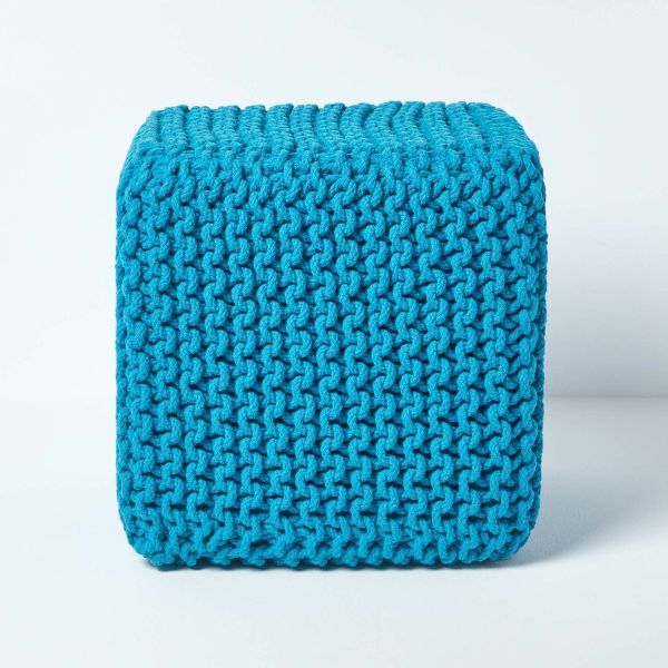Teal Blue Cube Cotton Knitted Pouffe Footstool