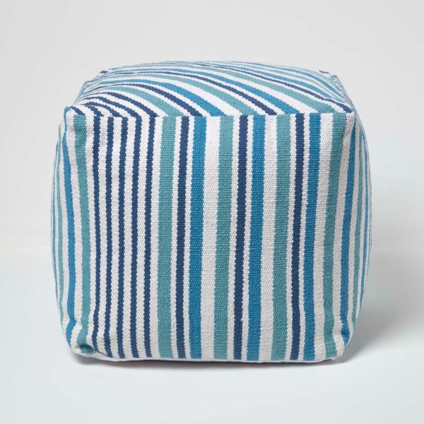Blue and White Stripe Cube Square Footstool 40 x 40 x 40 cm