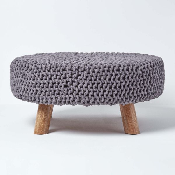 Sea Grey Large Round Cotton Knitted Footstool on Legs
