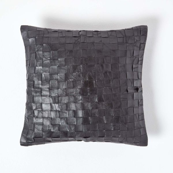Black Real Leather Basketweave Check Suede Cushion with Feather Filling