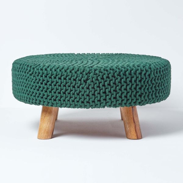 Forest Green Large Round Cotton Knitted Footstool on Legs