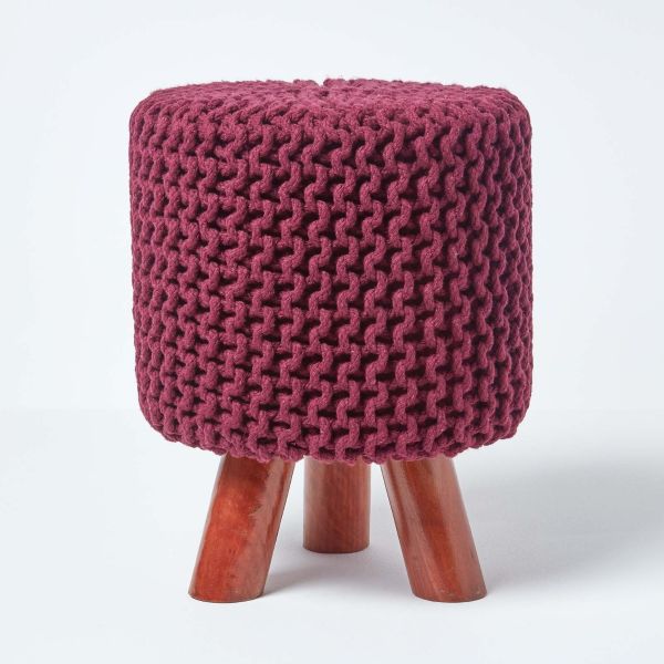 Plum Tall Cotton Knitted Footstool on Legs