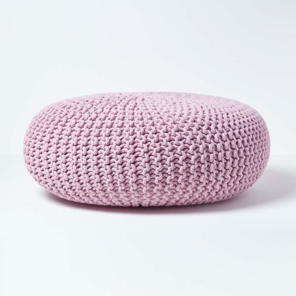 Pastel Pink Large Round Cotton Knitted Pouffe Footstool