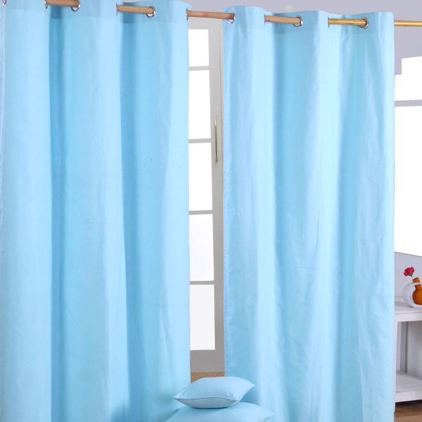 Plain Blue Cotton Eyelet Curtains 117 x 137 cm