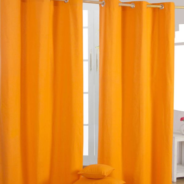 Cotton Plain Orange Ready Made Eyelet Curtain Pair
