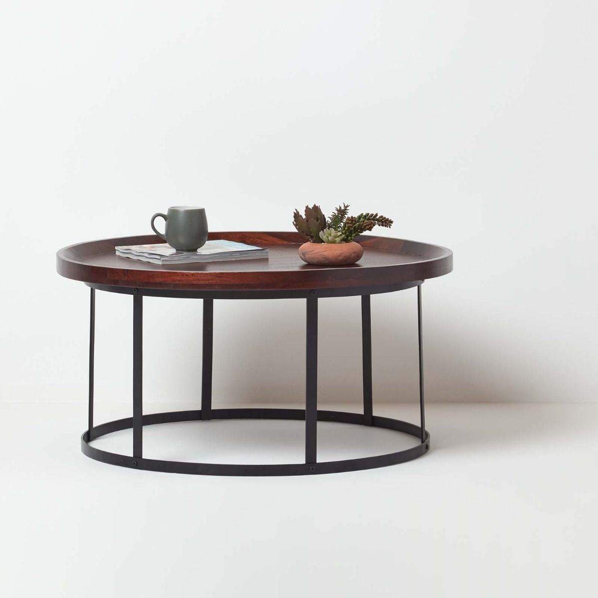 Industrial Round Coffee Table With Dark, Dark Wood Round Coffee Table Set