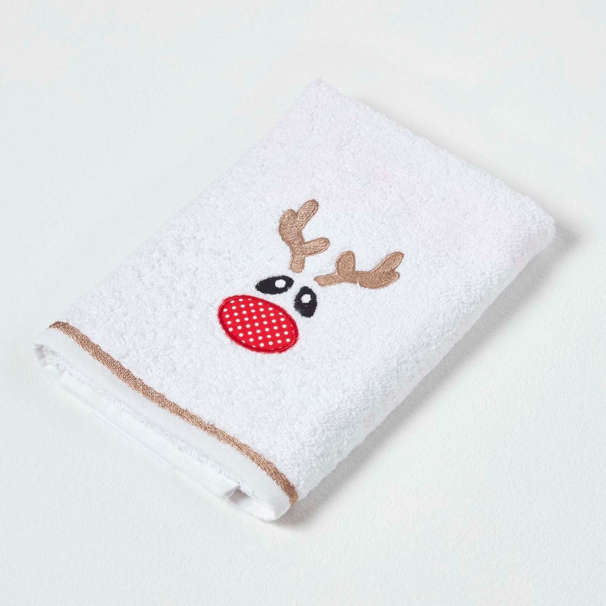 HOMESCAPES Rudolph Reindeer Embroidered Christmas Towel 100% Cotton White Hand Towel with Decorative Festive Design SIZE Guest Towel for Bathroom or Xmas Gift