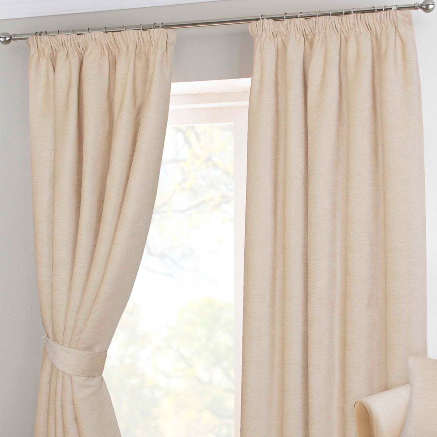 Heavy Chenille Ready Made Pencil Pleat Fully Lined Curtains Pair With Tie Backs 