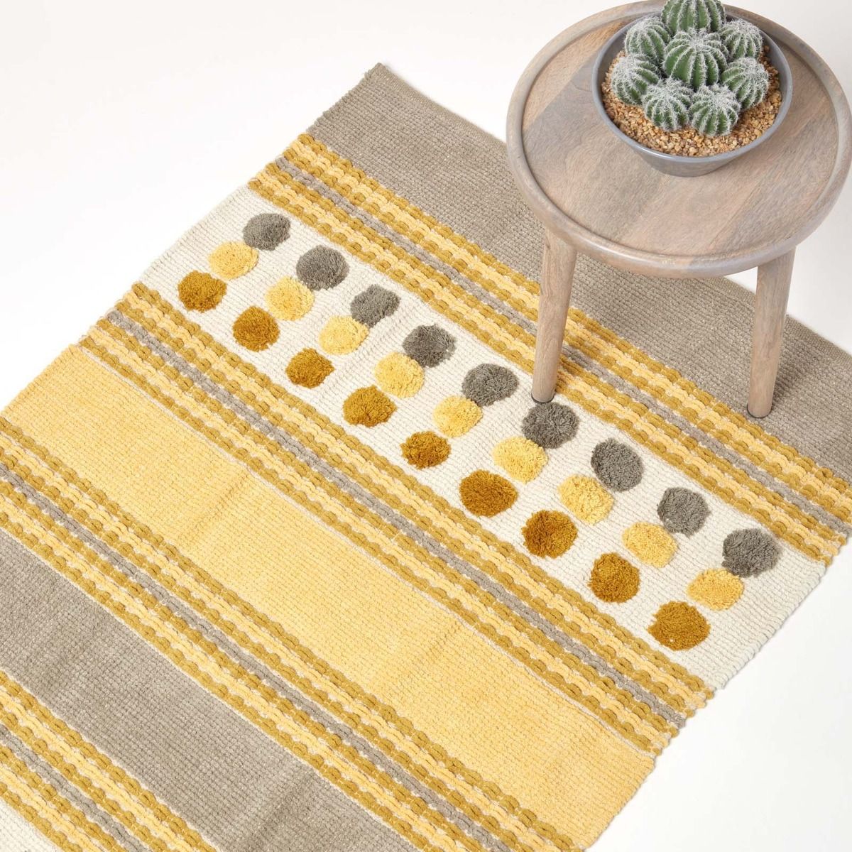 HOMESCAPES Grey Ochre Yellow Modern Cotton Chenille Hall Runner 66 x 200cm Tufted Circles & Hand Woven Striped Hallway Rug 