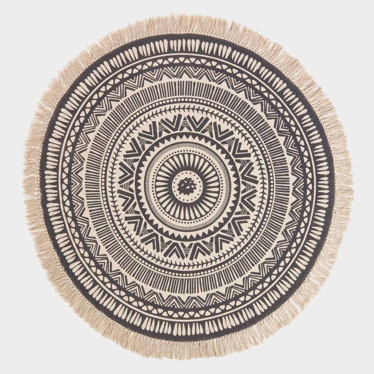 White 100 Cotton Mandala Printed Round Rug, Black And White Circle Rug