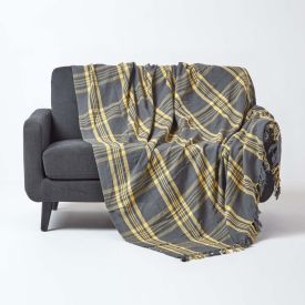Grey & Yellow Tartan Pattern Sofa and Bed Throw 