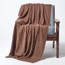 Cotton Cable Knit Throw, Chocolate, 130 x 170 cm