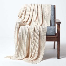 Cotton Cable Knit Natural Throw, 150 x 200 cm