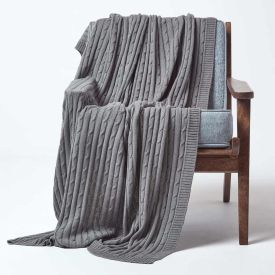 Cotton Cable Knit Throw, Grey, 150 x 200 cm