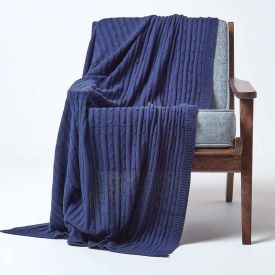Cotton Cable Knit Throw Navy Blue, 130 x 170 cm