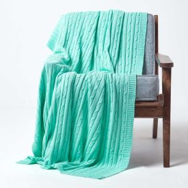 Cotton Cable Knit Pastel Green Throw, 130 x 170 cm