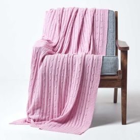Cotton Cable Knit Pastel Pink Throw, 150 x 200 cm