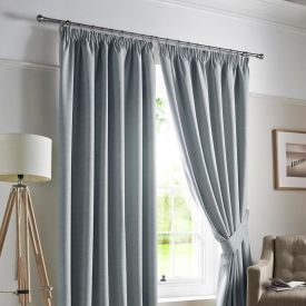Sky Blue Plain Blackout Curtains Fully Lined Pencil Pleat with Tie Backs, 46 x 90" Drop
